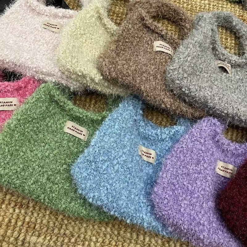 Hairy Knitted Handbag Cute Bucket Bag Solid Color All-Match Hand Bag Soft Waxy Touch - Image 3